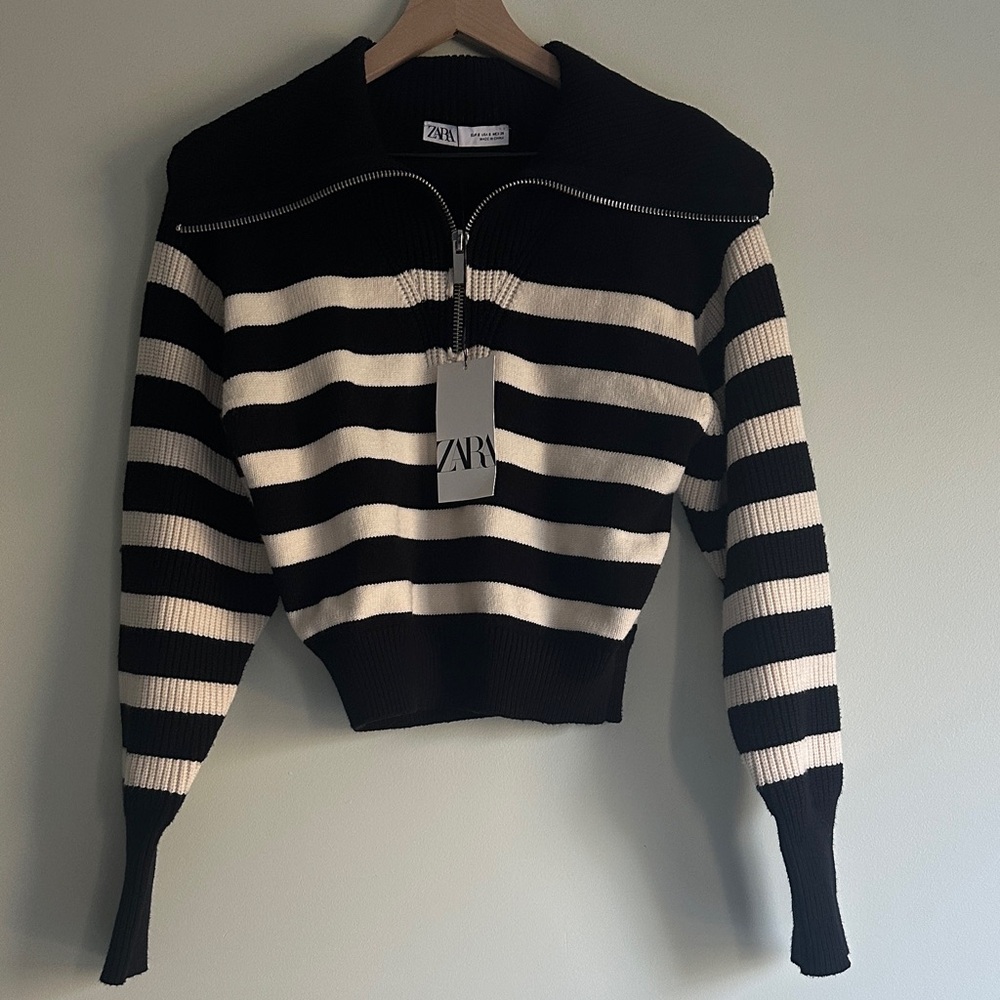 NWT Zara Black and Cream Stripe Half Zip Sweater - Picture 4 of 4